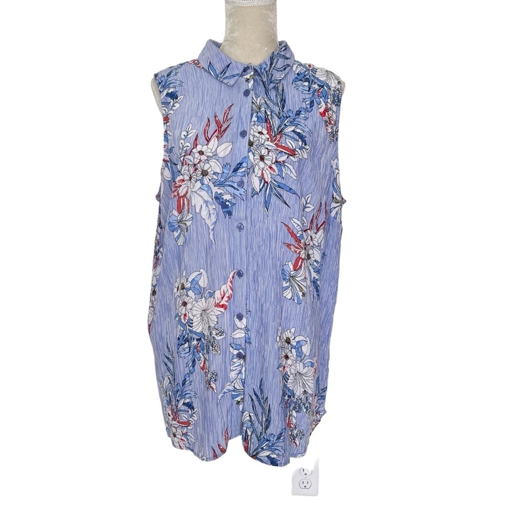 Catherines Pin Stripe Floral Sleeveless Top Shirt Women’s Plus Size 18/20 W